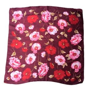 Vtg Italian Scarf Pink Red Poppies Floral Burgundy Polyester Rolled Hem